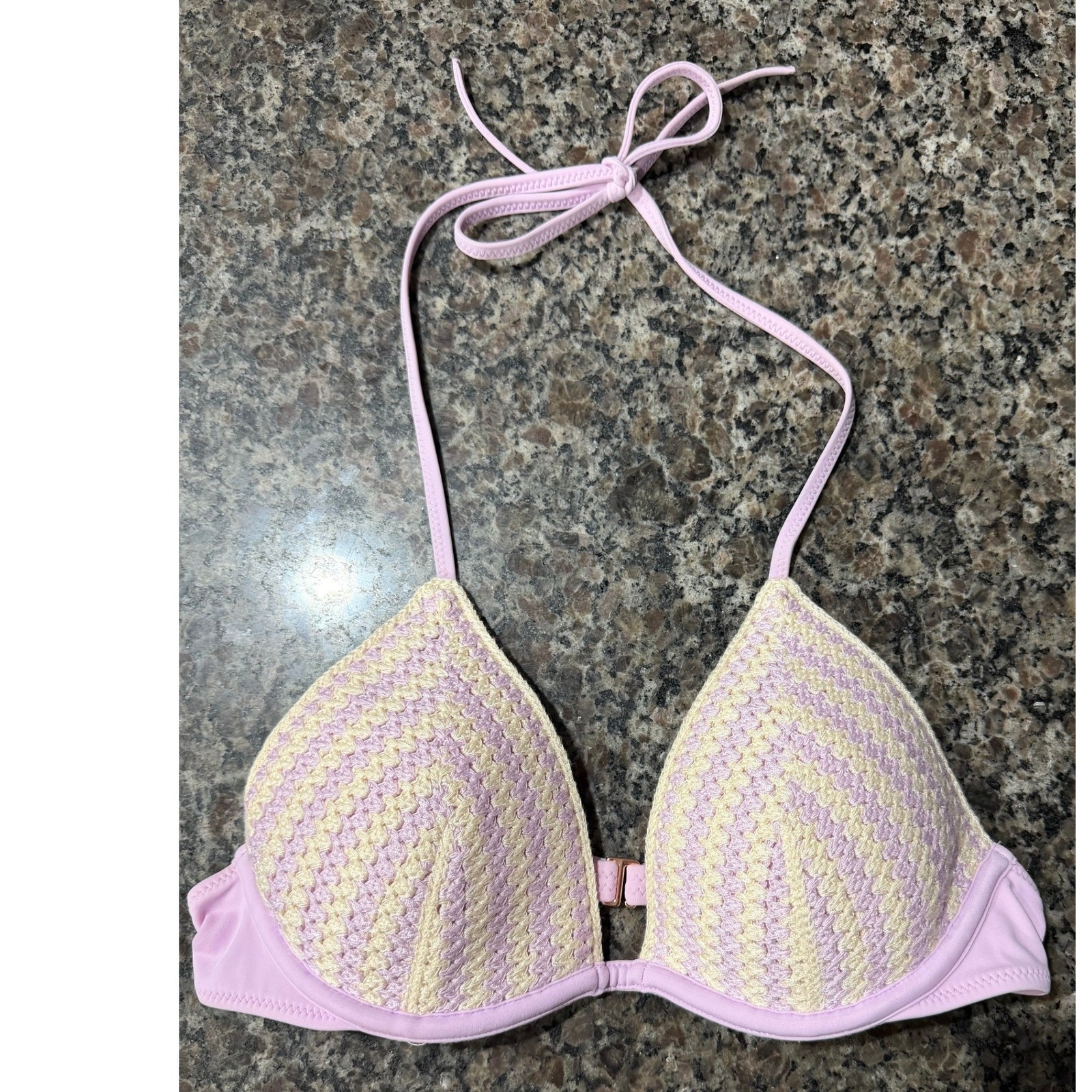 Shade & Shore Pink Cream Crochet Triangle Bikini Top Underwire Halter 34b